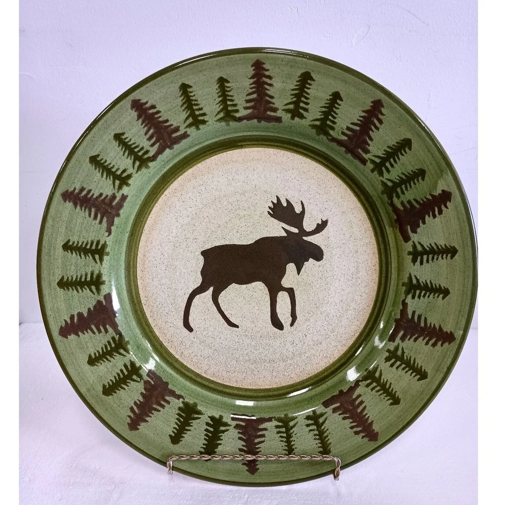 Vintage Libbey Green Moose Pine Tree Large Decorative Plate Cabin Lodge Rustic